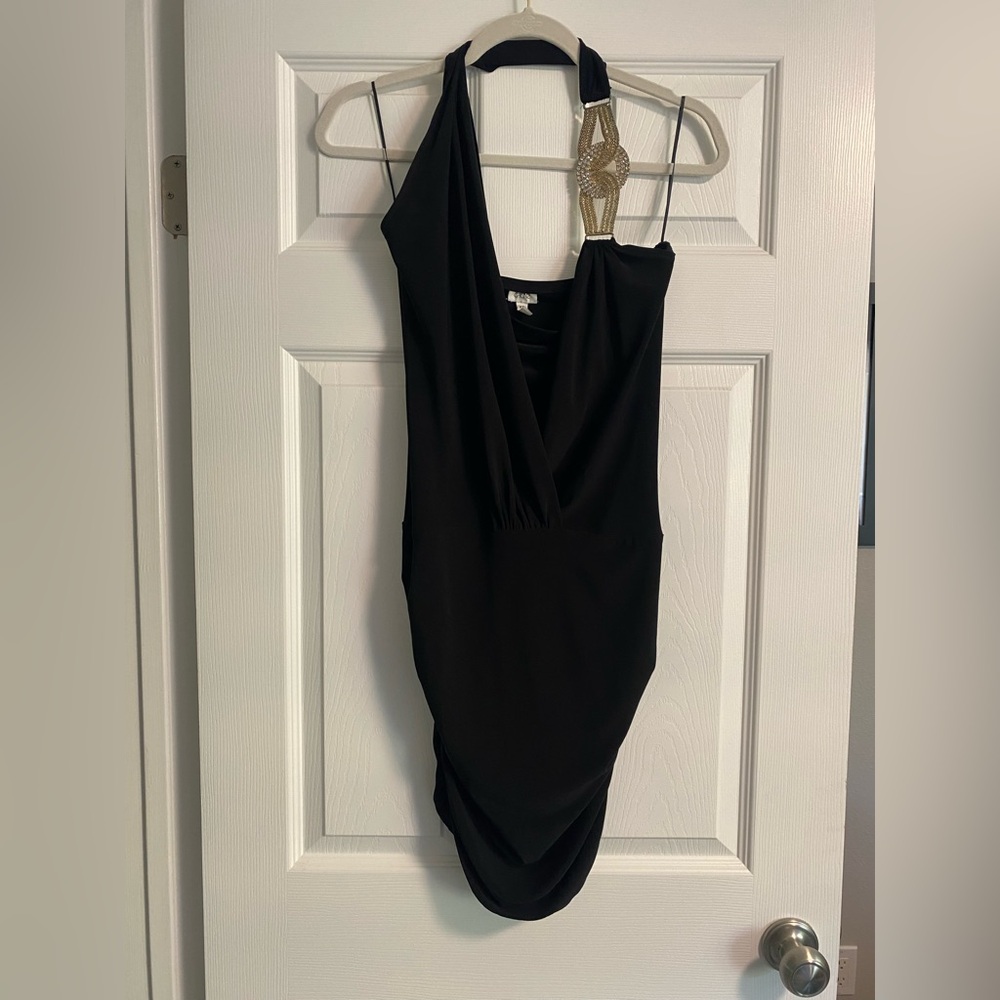 Cache Black Halter Dress with Gold Detail